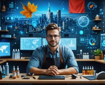 A vape shop owner using digital financial tools to manage business finances, with Canadian symbols in the background.