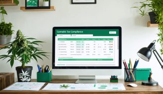 Professional workspace with cannabis accounting software on a computer, Canadian excise stamps, and organized tax documents, symbolizing cannabis tax compliance.