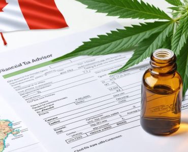 Professional tax advisor analyzing financial documents with CBD oil bottles and cannabis leaves, set against a backdrop symbolizing Canada's tax landscape for the CBD industry.
