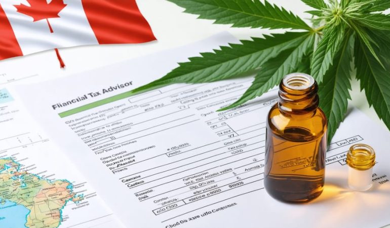 Professional tax advisor analyzing financial documents with CBD oil bottles and cannabis leaves, set against a backdrop symbolizing Canada's tax landscape for the CBD industry.