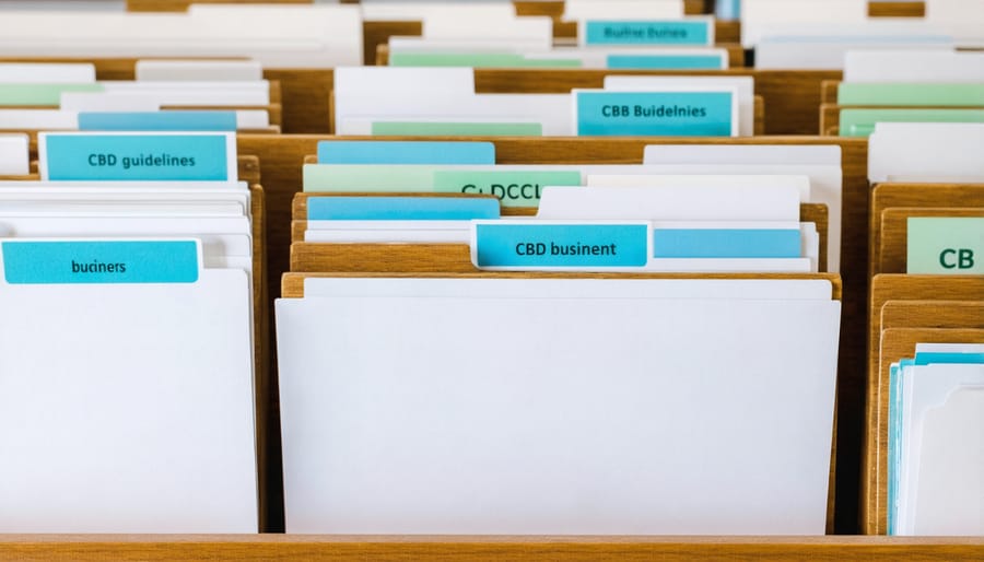 Well-organized filing system with tax records and compliance documents for CBD business
