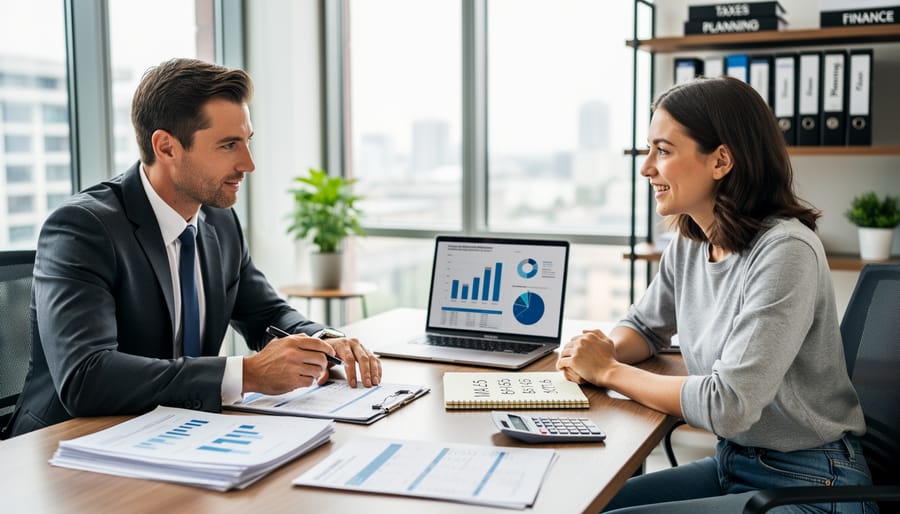 Small business owner consulting with tax advisor over financial documents at office desk