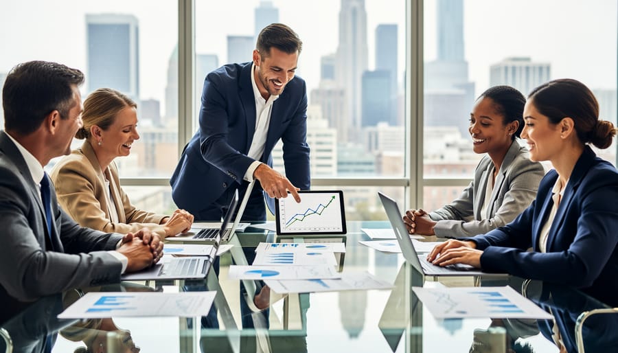 Small business owners working collaboratively with advisor in modern office setting