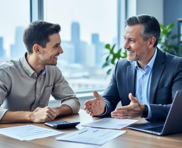 Small business owner and tax consultant at a modern office desk, discussing finances over documents, a calculator, and an open laptop, with a softly blurred city skyline in the background.