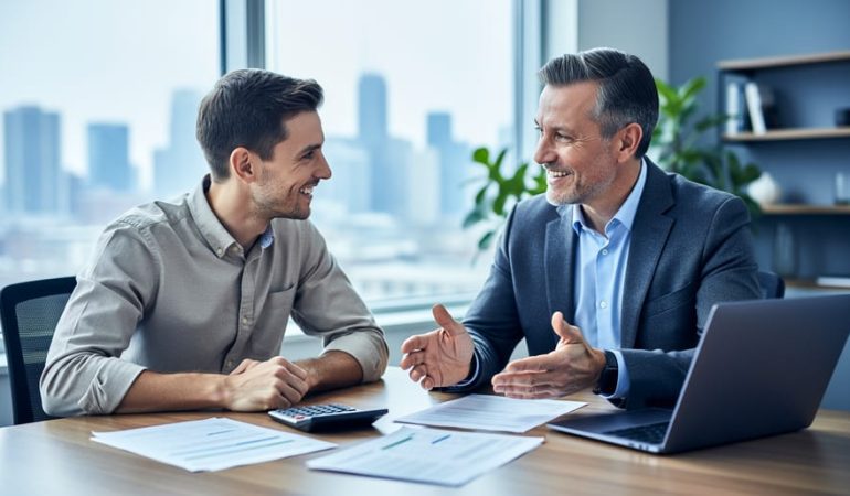 Small business owner and tax consultant at a modern office desk, discussing finances over documents, a calculator, and an open laptop, with a softly blurred city skyline in the background.