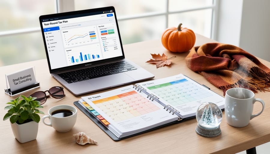 Overhead view of organized tax planning materials including calculator, documents, and calendar on desk
