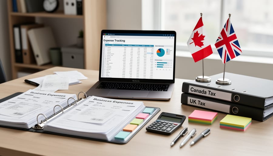 Well-organized home office with business documents and receipts for tax deduction tracking