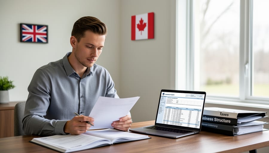 Business owner reviewing financial documents and calculations at home office desk