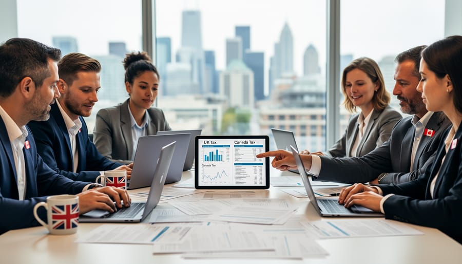 British passport and Canadian flag on desk representing dual tax obligations for UK expats