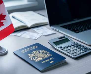 British passport next to a small Canadian flag, calculator, and laptop on a tidy desk, photographed from above in soft daylight, representing UK expats managing Canadian small business taxes.