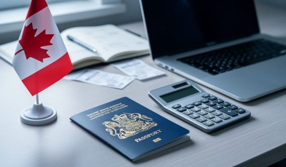 British passport next to a small Canadian flag, calculator, and laptop on a tidy desk, photographed from above in soft daylight, representing UK expats managing Canadian small business taxes.