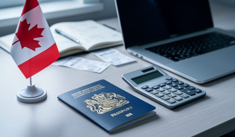 British passport next to a small Canadian flag, calculator, and laptop on a tidy desk, photographed from above in soft daylight, representing UK expats managing Canadian small business taxes.