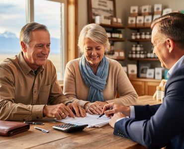 Alberta small business owner couple in their 50s sits with a financial advisor at a wooden table, reviewing paperwork and a calculator, with softly blurred shop shelves and a window showing prairie sky and distant Rockies.