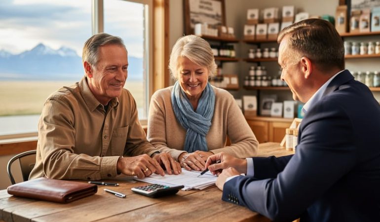 Alberta small business owner couple in their 50s sits with a financial advisor at a wooden table, reviewing paperwork and a calculator, with softly blurred shop shelves and a window showing prairie sky and distant Rockies.