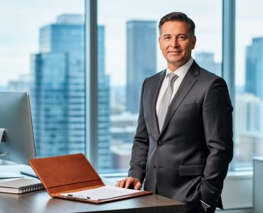 Canadian business owner in a modern office with a portfolio and planner beside a window with a blurred city background.