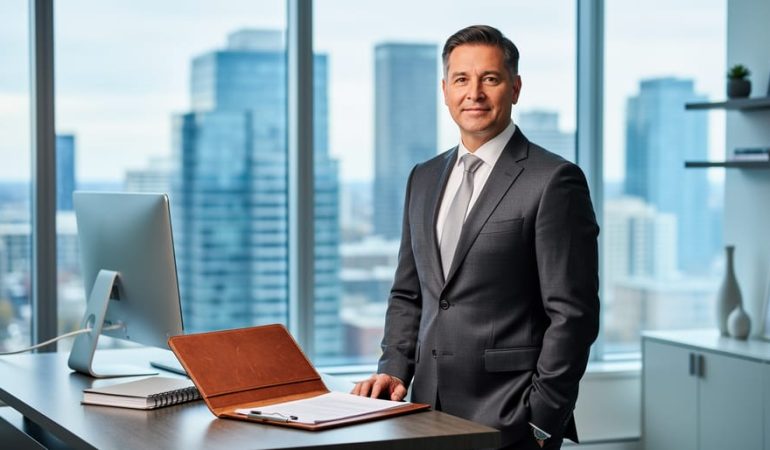 Canadian business owner in a modern office with a portfolio and planner beside a window with a blurred city background.
