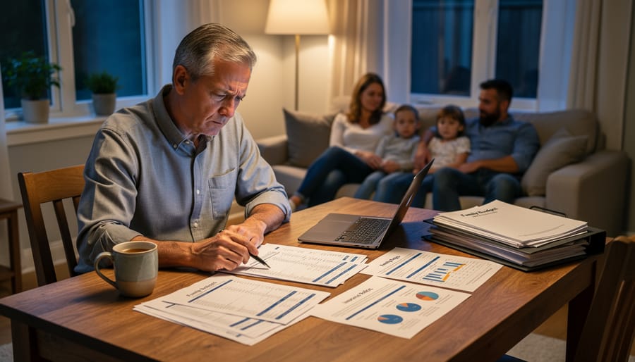 Canadian family business owners reviewing financial documents and insurance paperwork at a kitchen table.