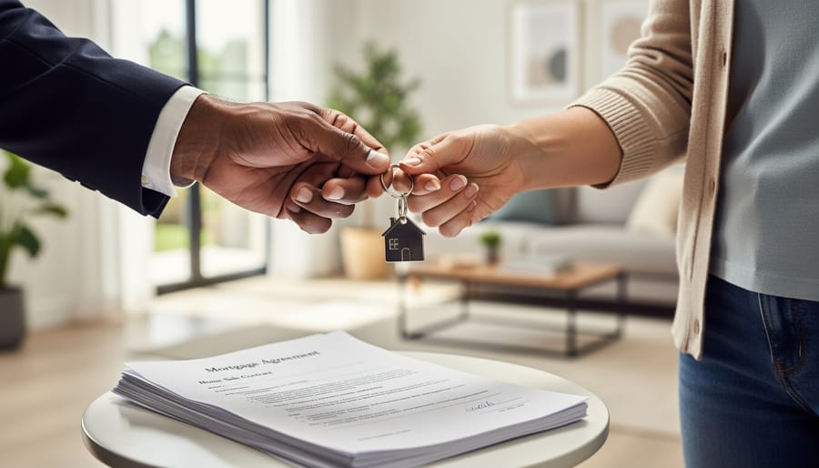 Homeowner handing over keys to a real estate agent in a bright hallway