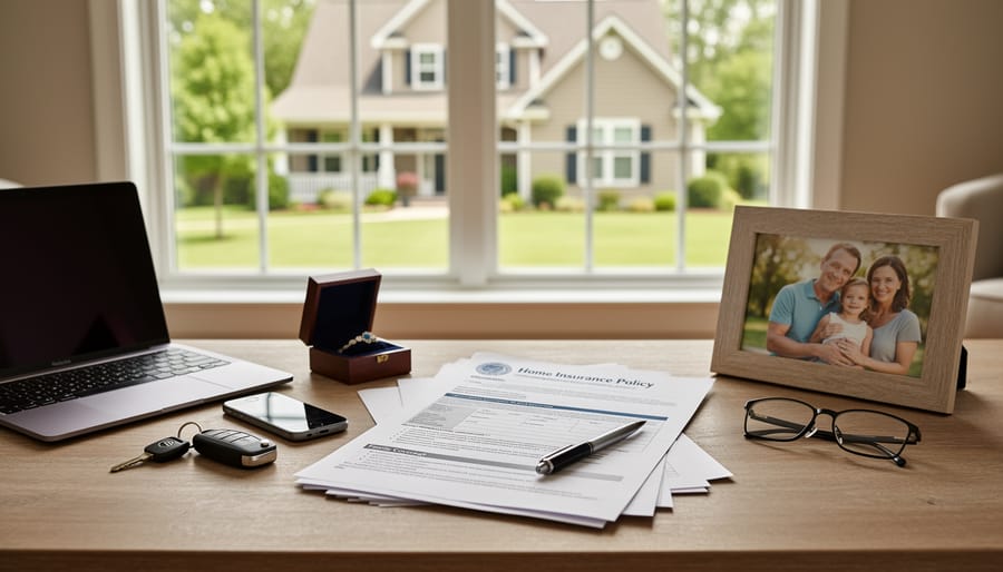 Close-up of life insurance paperwork with a model home and car keys on a wooden desk.