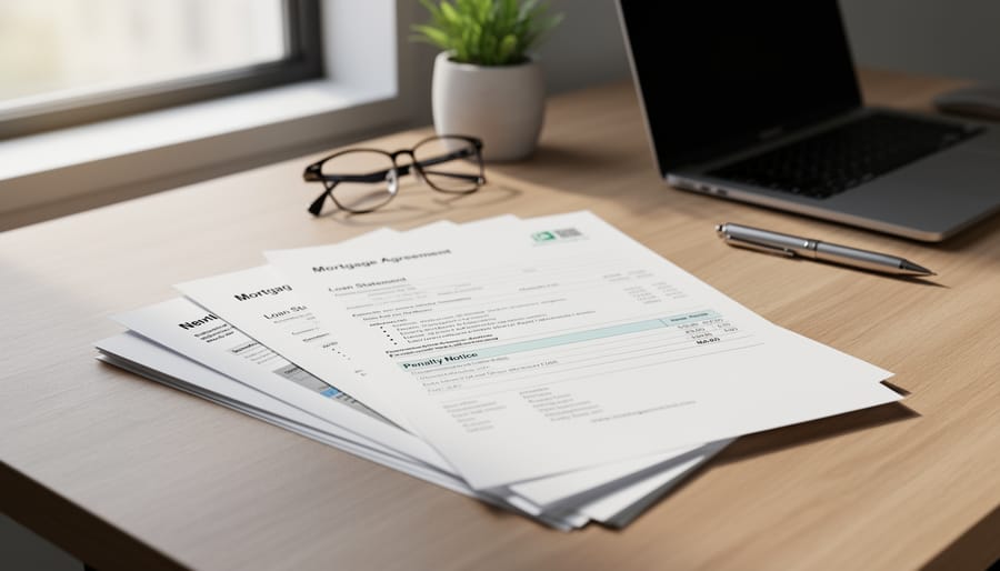 Close-up of mortgage paperwork binder and calculator on a wooden table