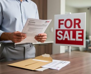 A Canadian homeowner reviewing mortgage documents beside a for-sale sign, representing prepayment penalties and tax considerations when selling before a mortgage term ends.