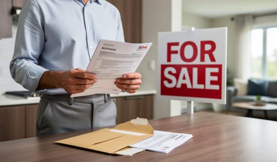 A Canadian homeowner reviewing mortgage documents beside a for-sale sign, representing prepayment penalties and tax considerations when selling before a mortgage term ends.