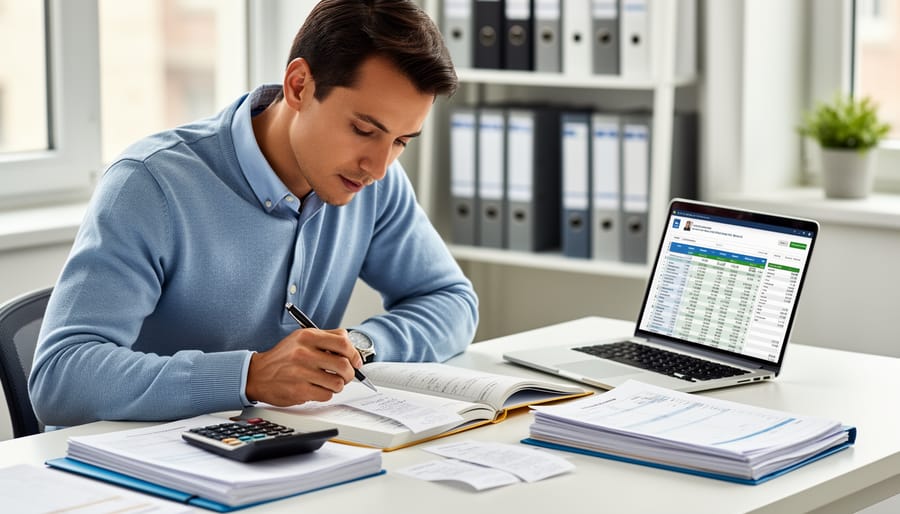 Small business owner reviewing receipts and financial documents at a desk with a laptop and calculator