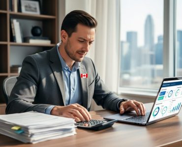 Small business owner reviewing tax planning documents at a home office desk with a calculator, laptop, and Canadian flag pin in view.