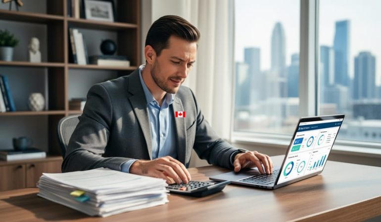 Small business owner reviewing tax planning documents at a home office desk with a calculator, laptop, and Canadian flag pin in view.