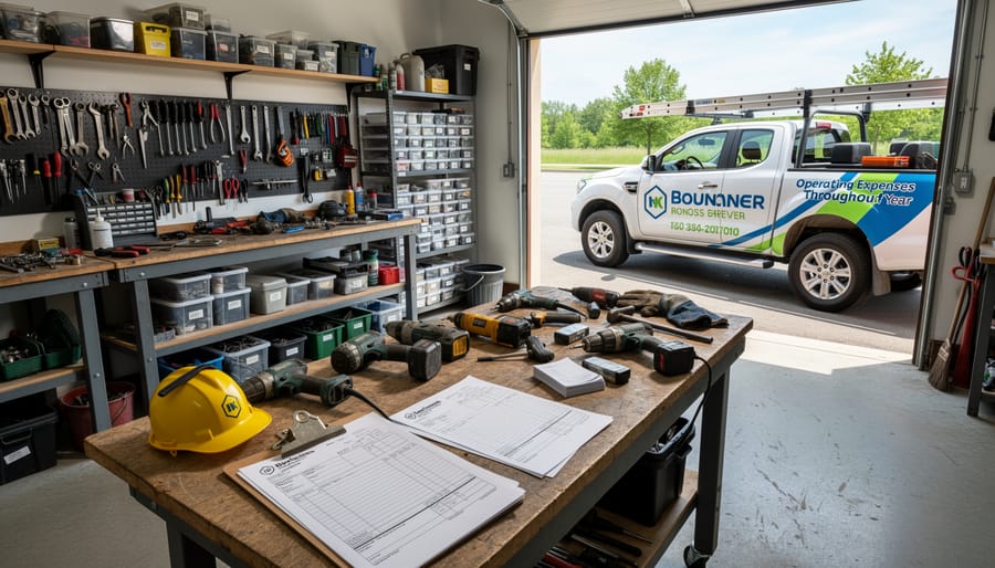 Work van in a garage with tools and financial paperwork on a workbench in a workshop