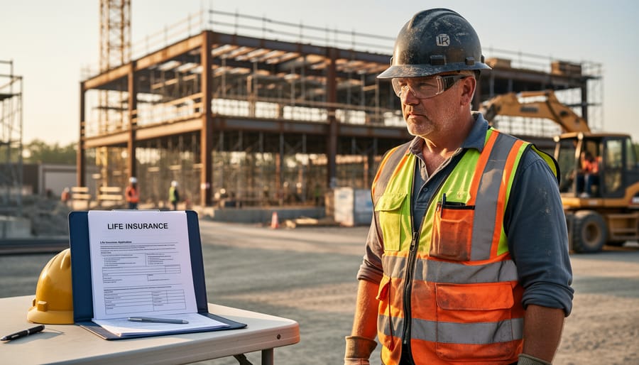 Tradesperson in safety gear holding a toolkit near a residential construction site.