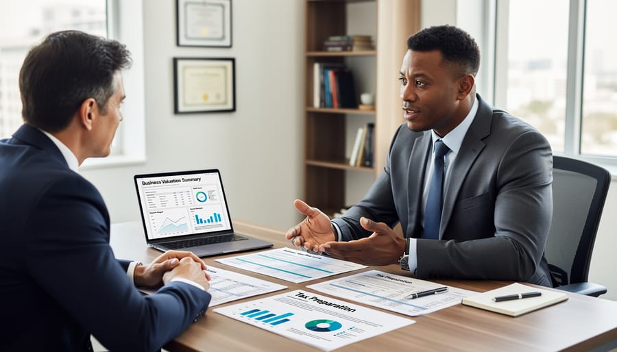 Accountant and client collaborating over documents in a professional meeting room.