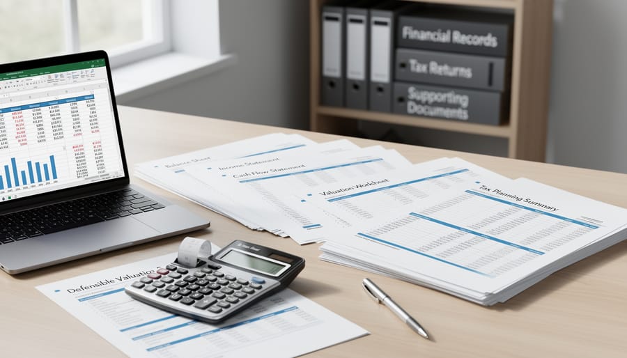 Calculator and financial statements arranged neatly on a desk for business valuation preparation.