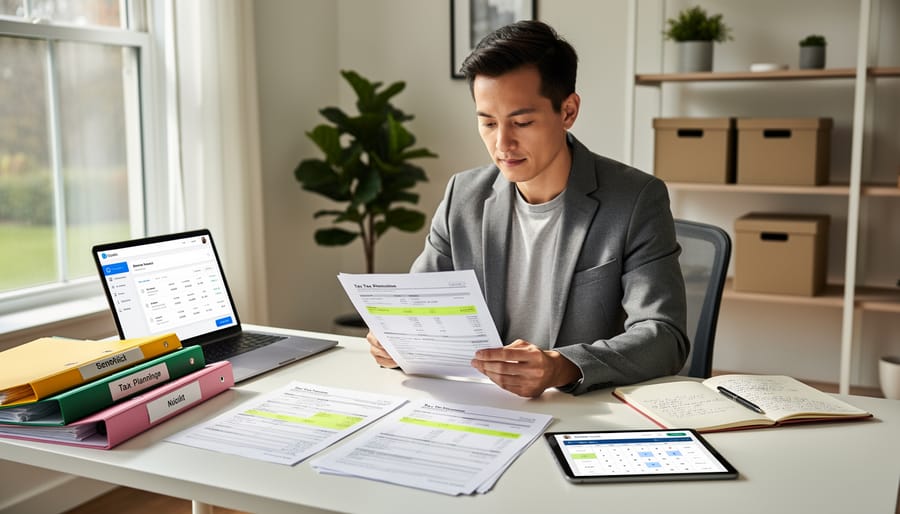 Close-up of a small business owner reviewing organized tax documents with a calculator and folder at a desk