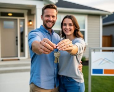 First-time home buyers holding house keys beside a front door in front of a Canadian-style home.