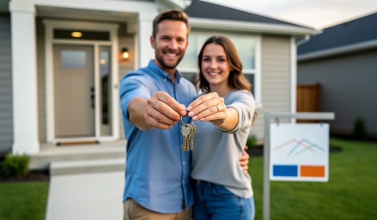 First-time home buyers holding house keys beside a front door in front of a Canadian-style home.