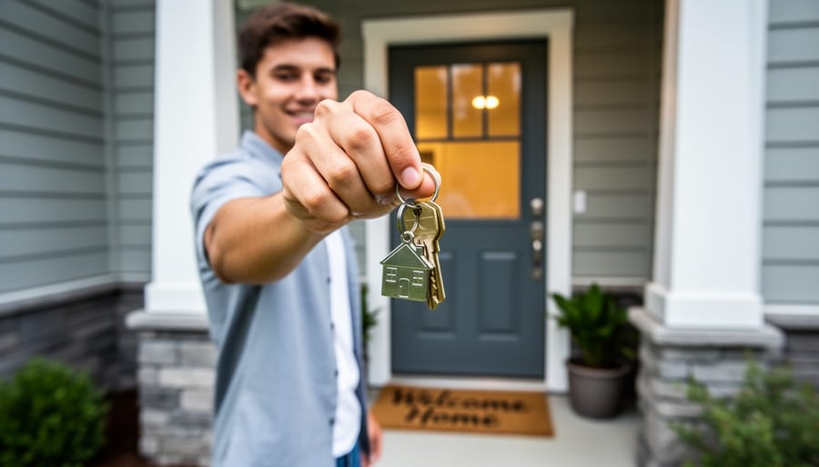 First-time home buyers holding house keys beside a front door
