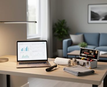 Work-from-home desk with a laptop and household maintenance tools like a toolbox, paint roller, and microfiber cloth in a Canadian home office setting.