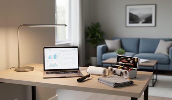 Work-from-home desk with a laptop and household maintenance tools like a toolbox, paint roller, and microfiber cloth in a Canadian home office setting.