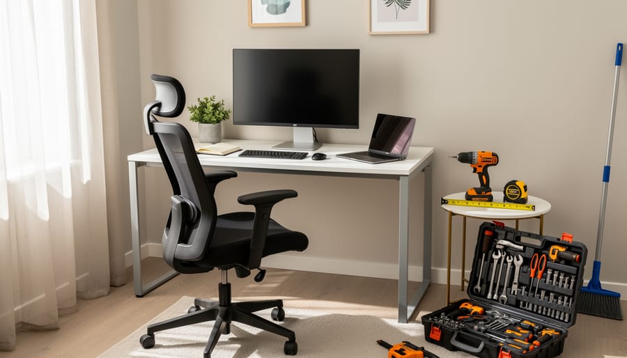 Home office workspace with a business owner’s toolkit and clipboard placed near the desk