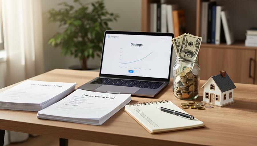 Open planner and bank statements on a kitchen table representing home savings planning