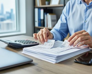 Small business owner organizing tax documents on a desk with a calculator and smartphone in a bright home office.