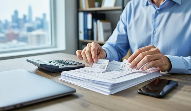 Small business owner organizing tax documents on a desk with a calculator and smartphone in a bright home office.