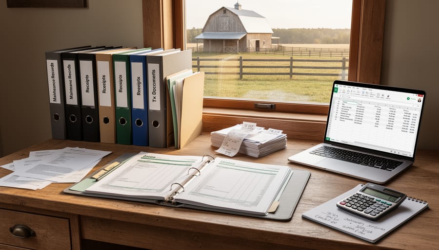 Rural porch scene with a person reviewing maintenance receipts near an outbuilding