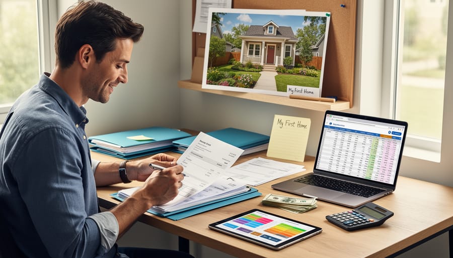 Small business owner organizing financial documents in an office near a window