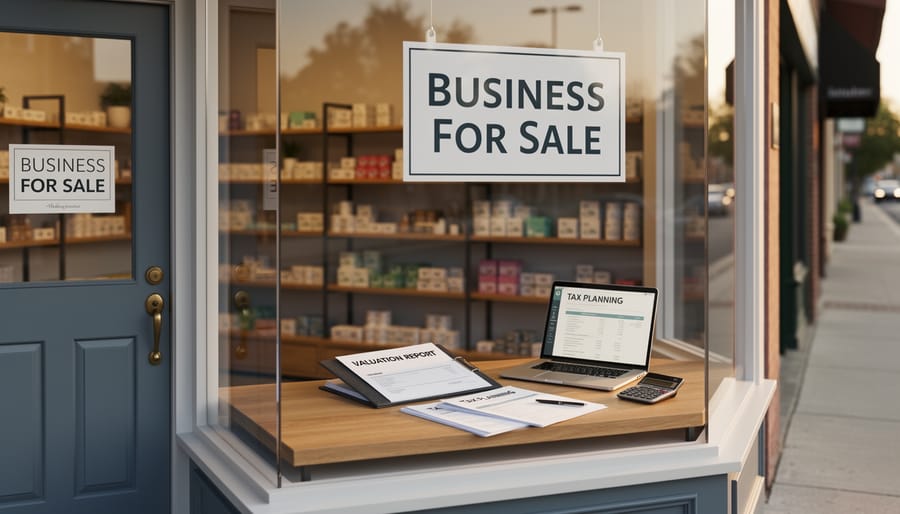 Small business storefront entrance with a non-readable for-sale sign in golden hour light.