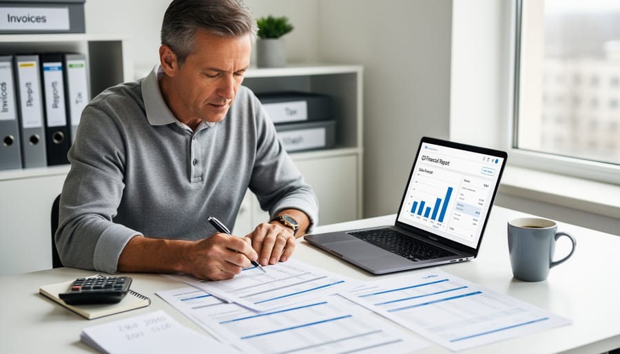 Small Canadian business owner reviewing financial documents in a home office before planning a sale.