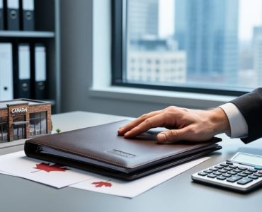 Hand on valuation documents next to a calculator and a small storefront model in a modern office with a blurred window view.