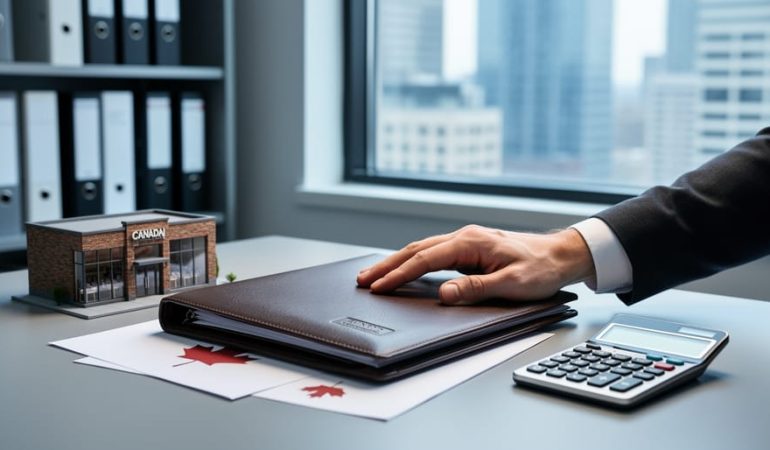 Hand on valuation documents next to a calculator and a small storefront model in a modern office with a blurred window view.