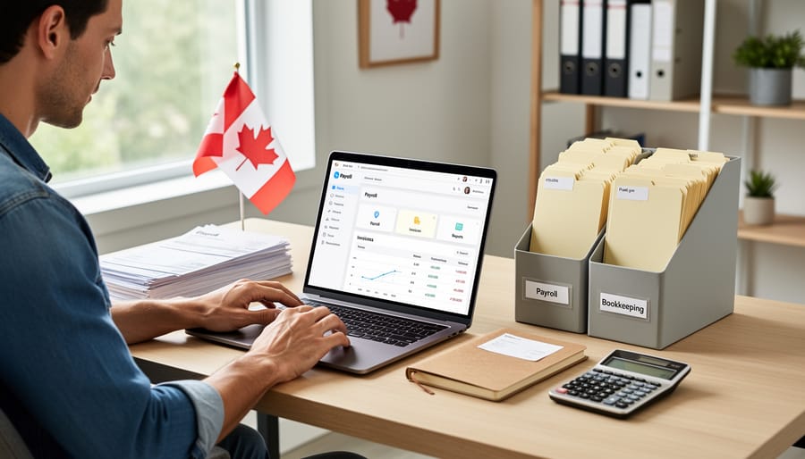 Small business owner reviewing payroll and bookkeeping documents at a laptop with a phone nearby